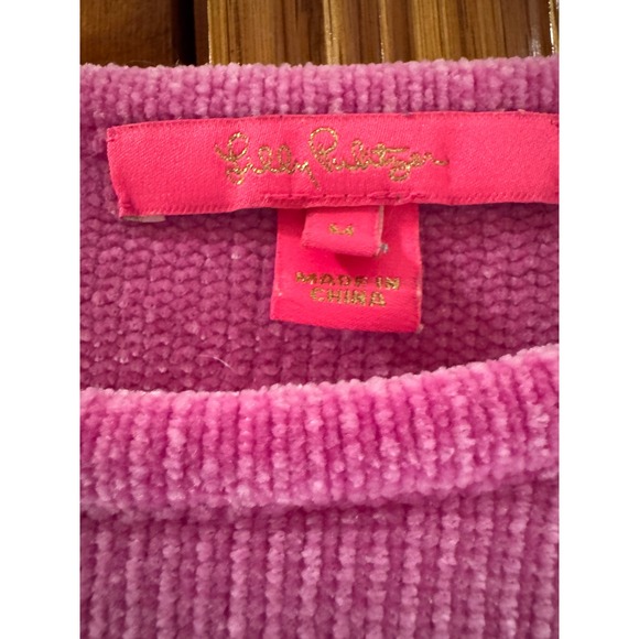 Lilly Pulitzer Pink Chenille Sweater Gold Shell Pineapple Palm Buttons Medium - Picture 3 of 10